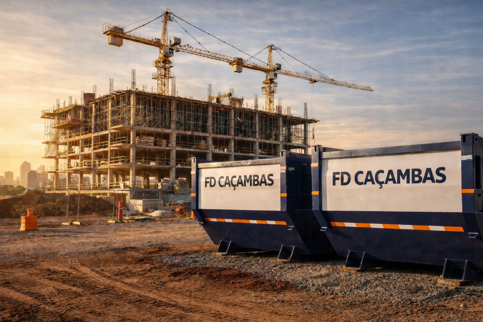 Caçambas FD Caçambas em canteiro de obras de grande porte com guindastes